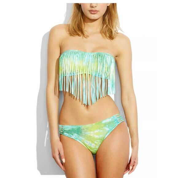Lucky Brand M Summer Time Tie Dye Fringe Bandeau Bikini Top Swimsuit Green Boho - Picture 1 of 10